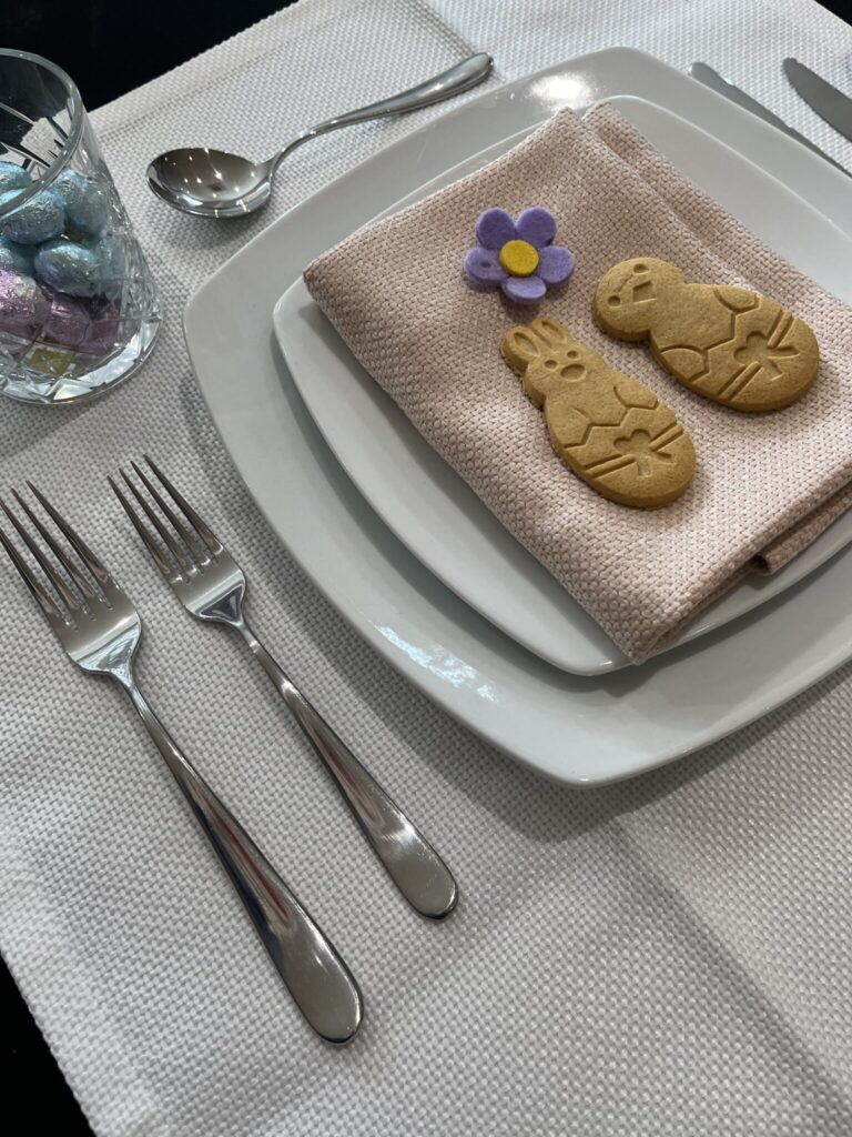 Easter place setting, perfect for Spring events needing plates, cutlery or glassware as well as colourful linen